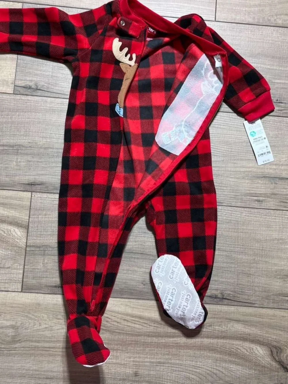 Carters Just One You Baby Boys Plaid Moose Fleece‎ Footed Pajama 12M Red Black